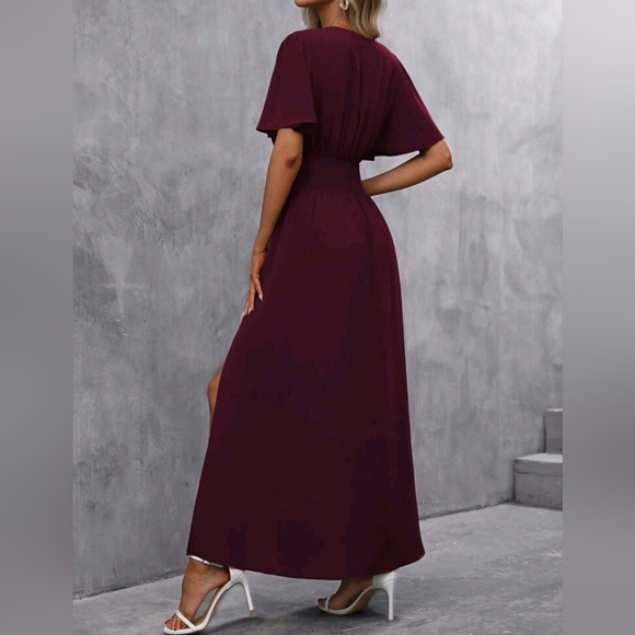 NEW Chic Ruched Waist Flutter Sleeve Maxi Dress Sangria Red Wine Purple - Picture 6 of 9